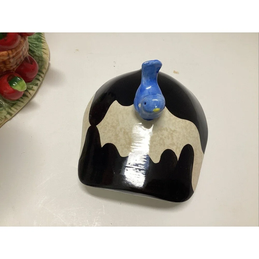vintage GKRO ceramic cow cookie jar blue bird apples